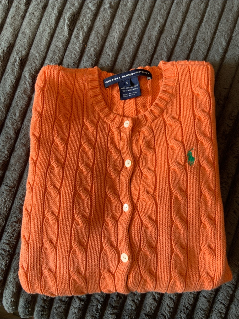 Ralph Lauren Bright Peach Cable-Knit Crop Cardigan with Green Polo Emblem